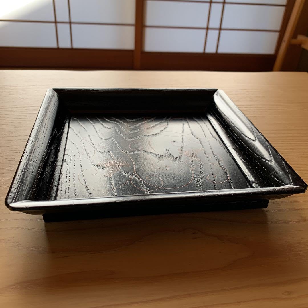蒔絵四方盆鶴松 蒔絵四方盆鶴松 （青塗籠目蒔絵 四方銘々盆 5枚 菓子皿）